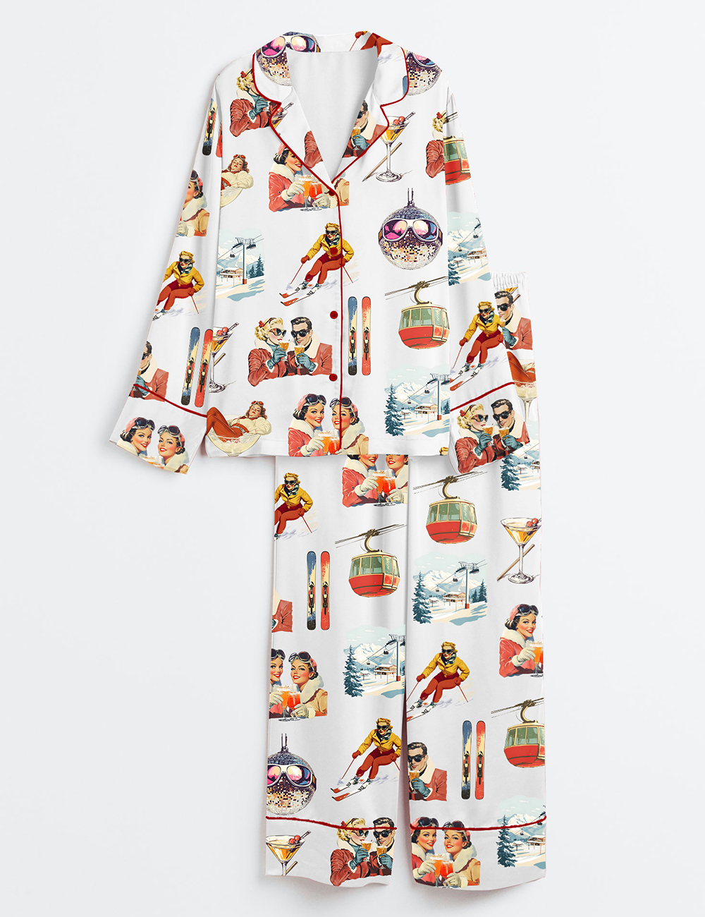 Women's Vintage Après Ski Christmas Long Sleeve Satin Pajamas Set