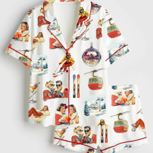 Women's Vintage AprÃ¨s Ski Christmas Short Sleeve Satin Pajama Set