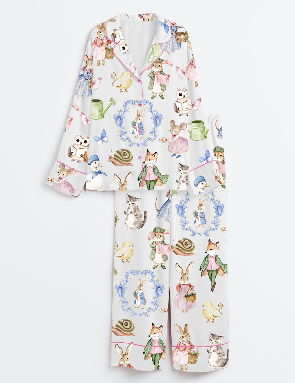Womenâ€™s Vintage Bunnies Cottagecore Rabbits Cute Easter Watercolor Spring Print Long Sleeve Satin Pajama Set