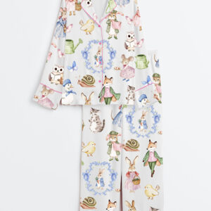 Women's Vintage Bunnies Cottagecore Rabbits Cute Easter Watercolor Spring Print Long Sleeve Satin Pajama Set