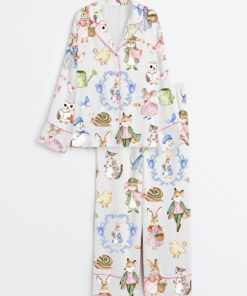 Women's Vintage Bunnies Cottagecore Rabbits Cute Easter Watercolor Spring Print Long Sleeve Satin Pajamas Set