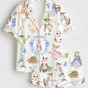 Women's Vintage Bunnies Cottagecore Rabbits Cute Easter Watercolor Spring Print Short Sleeve Satin Pajama Set