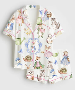Women's Vintage Bunnies Cottagecore Rabbits Cute Easter Watercolor Spring Print Short Sleeve Satin Pajama Set