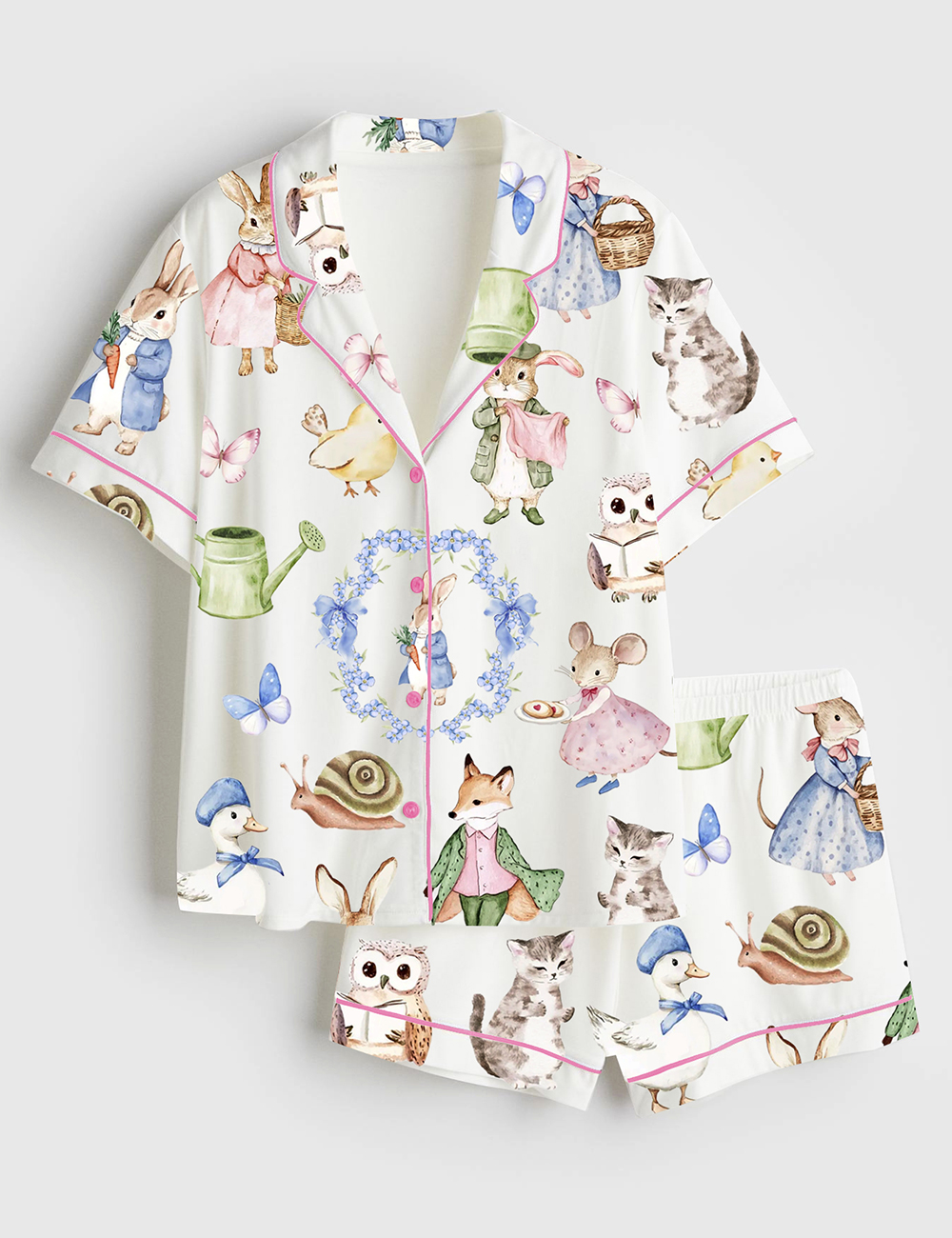 Womenâ€™s Vintage Bunnies Cottagecore Rabbits Cute Easter Watercolor Spring Print Short Sleeve Satin Pajama Set