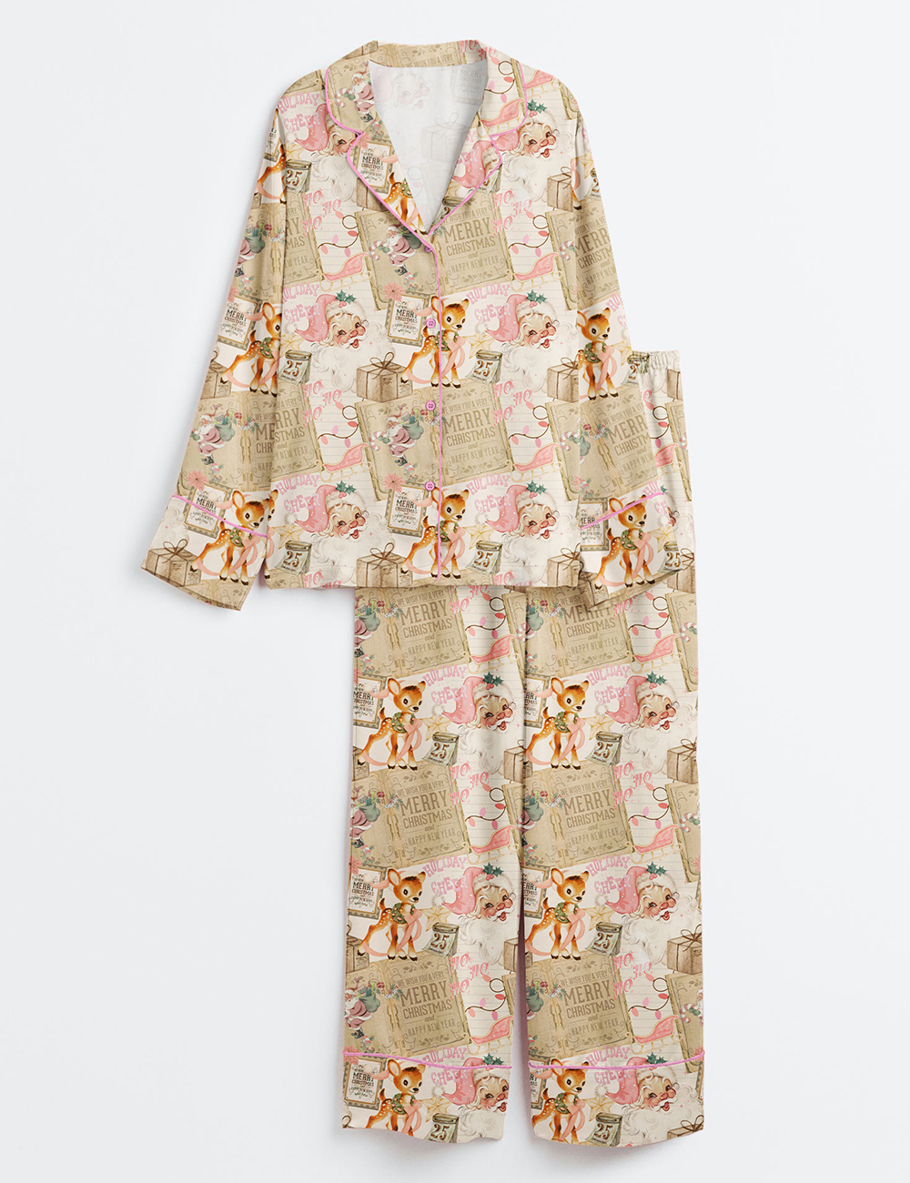 Womenâ€™s Vintage Christmas Collage Long Sleeve Satin Pajama Set