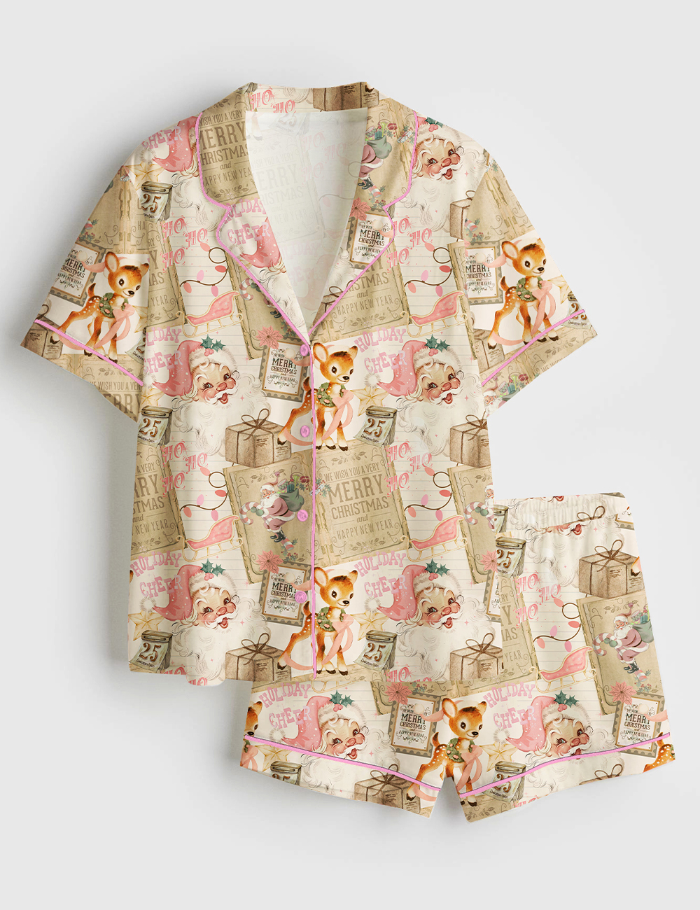 Womenâ€™s Vintage Christmas Collage Short Sleeve Satin Pajama Set