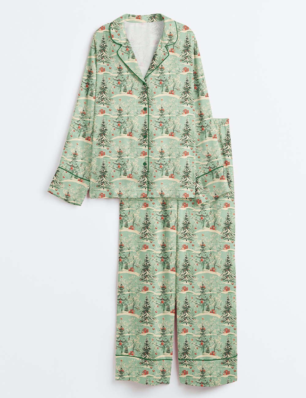Womenâ€™s Vintage Christmas Holiday Green Snow Antique Long Sleeve Satin Pajama Set