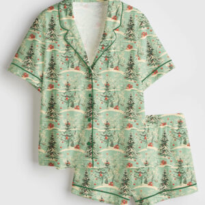 Womenâ€™s Vintage Christmas Holiday Green Snow Antique Short Sleeve Satin Pajama Set