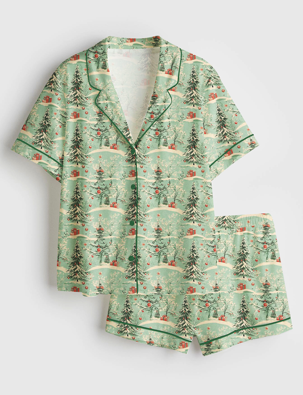 Womenâ€™s Vintage Christmas Holiday Green Snow Antique Short Sleeve Satin Pajama Set