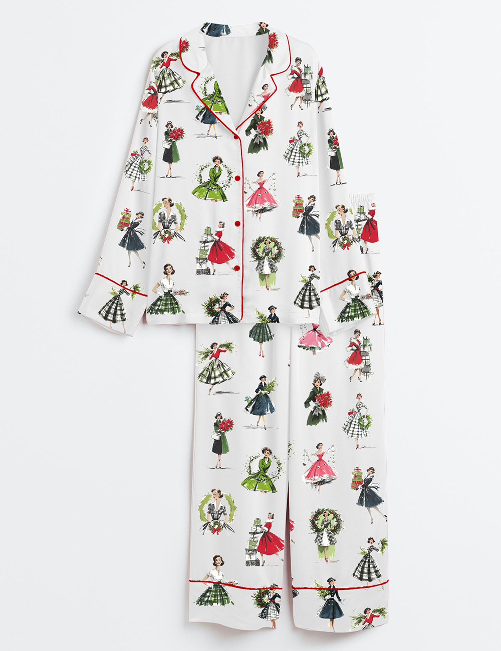 Womenâ€™s Vintage Christmas Lady Retro Holiday Fashion Long Sleeve Satin Pajama Set