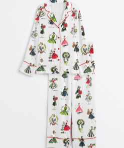 Women's Vintage Christmas Lady Retro Holiday Fashion Long Sleeve Satin Pajamas Set