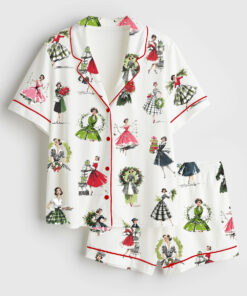 Women's Vintage Christmas Lady Retro Holiday Fashion Short Sleeve Satin Pajama Set