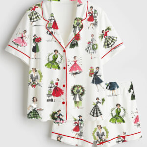Womenâ€™s Vintage Christmas Lady Retro Holiday Fashion Short Sleeve Satin Pajama Set