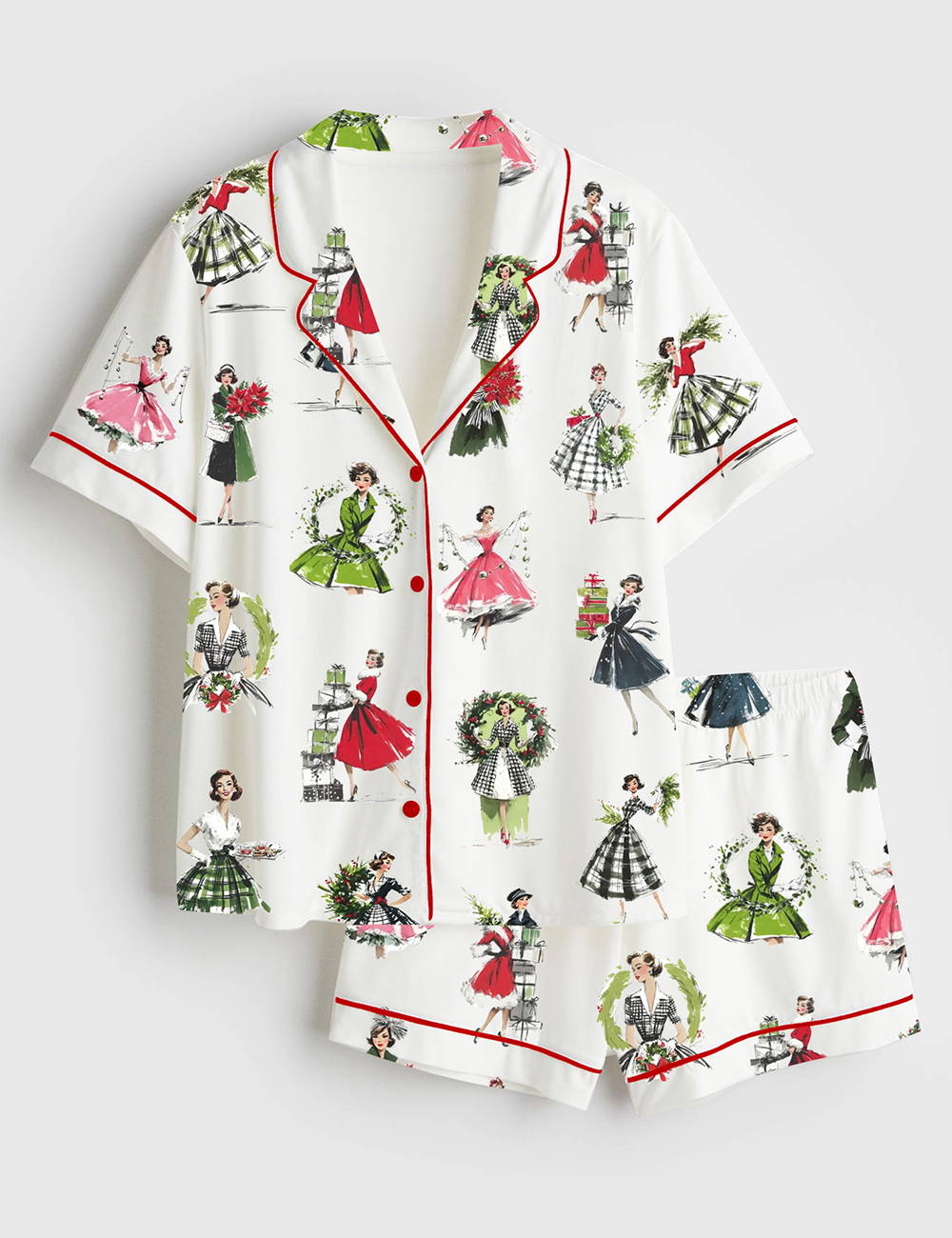 Womenâ€™s Vintage Christmas Lady Retro Holiday Fashion Short Sleeve Satin Pajama Set