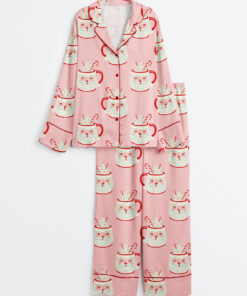 Women's Vintage Christmas Mugs Long Sleeve Satin Pajama Set