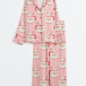 Women's Vintage Christmas Mugs Long Sleeve Satin Pajama Set