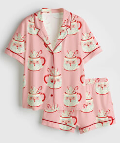 Women's Vintage Christmas Mugs Short Sleeve Satin Pajama Set