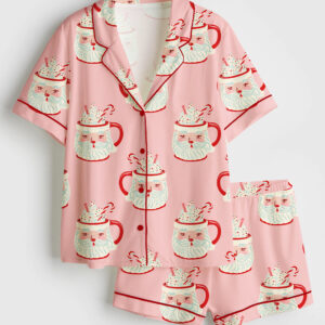 Women's Vintage Christmas Mugs Short Sleeve Satin Pajama Set