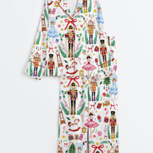 Women's Vintage Christmas Nutcracker Ballet Holiday Party Long Sleeve Satin Pajama Set