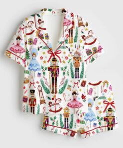 Women's Vintage Christmas Nutcracker Ballet Holiday Party Short Sleeve Satin Pajama Set