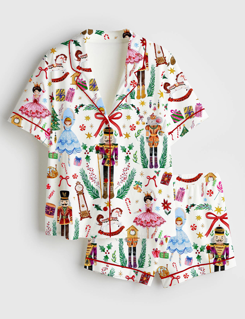 Womenâ€™s Vintage Christmas Nutcracker Ballet Holiday Party Short Sleeve Satin Pajama Set