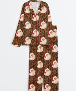 Women's Vintage Christmas Santa Leopard Long Sleeve Satin Pajama Set