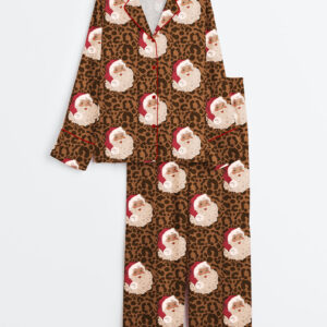 Womenâ€™s Vintage Christmas Santa Leopard Long Sleeve Satin Pajama Set