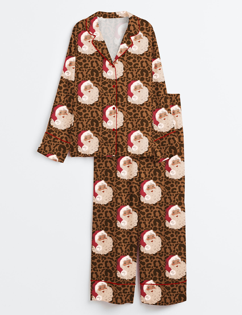 Womenâ€™s Vintage Christmas Santa Leopard Long Sleeve Satin Pajama Set