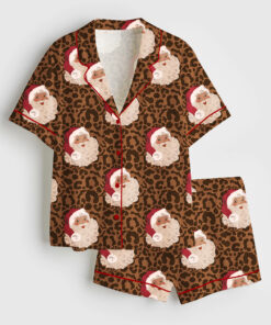 Women's Vintage Christmas Santa Leopard Short Sleeve Satin Pajama Set