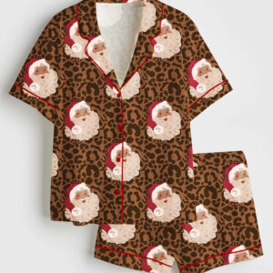 Womenâ€™s Vintage Christmas Santa Leopard Short Sleeve Satin Pajama Set