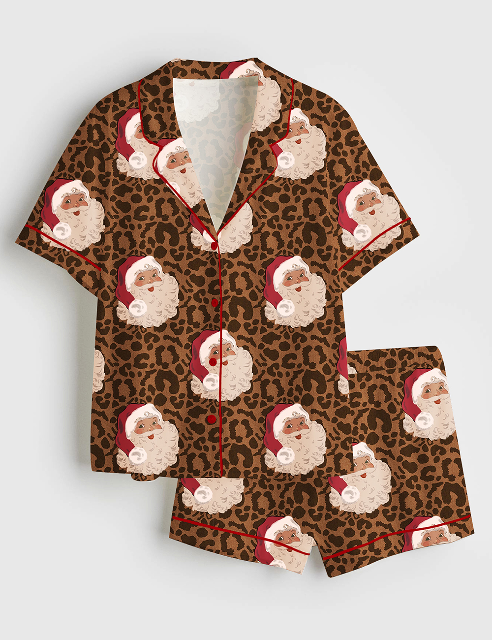 Womenâ€™s Vintage Christmas Santa Leopard Short Sleeve Satin Pajama Set
