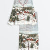 Womenâ€™s Vintage Christmas Town Snowy Winter Holiday Print Ski Lover Long Sleeve Satin Pajama Set