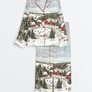 Women's Vintage Christmas Town Snowy Winter Holiday Print Ski Lover Long Sleeve Satin Pajama Set
