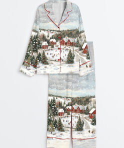 Women's Vintage Christmas Town Snowy Winter Holiday Print Ski Lover Long Sleeve Satin Pajamas Set