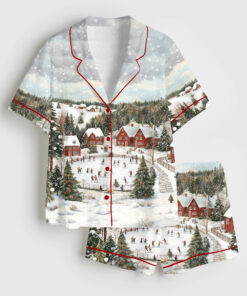 Women's Vintage Christmas Town Snowy Winter Holiday Print Ski Lover Short Sleeve Satin Pajama Set