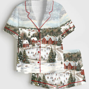 Womenâ€™s Vintage Christmas Town Snowy Winter Holiday Print Ski Lover Short Sleeve Satin Pajama Set