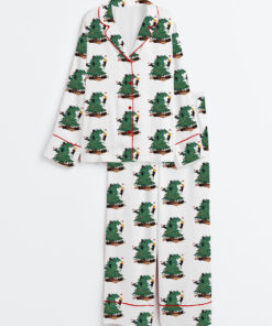 Women's Vintage Christmas Tree And Cat Cute Cat Lover Long Sleeve Satin Pajama Set