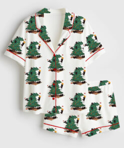 Women's Vintage Christmas Tree And Cat Cute Cat Lover Short Sleeve Satin Pajama Set