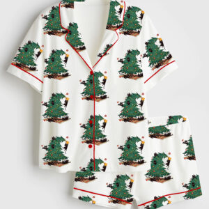 Women's Vintage Christmas Tree And Cat Cute Cat Lover Short Sleeve Satin Pajama Set