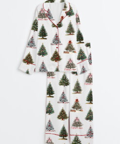 Women's Vintage Christmas Tree Holiday Retro Xmas Long Sleeve Satin Pajama Set
