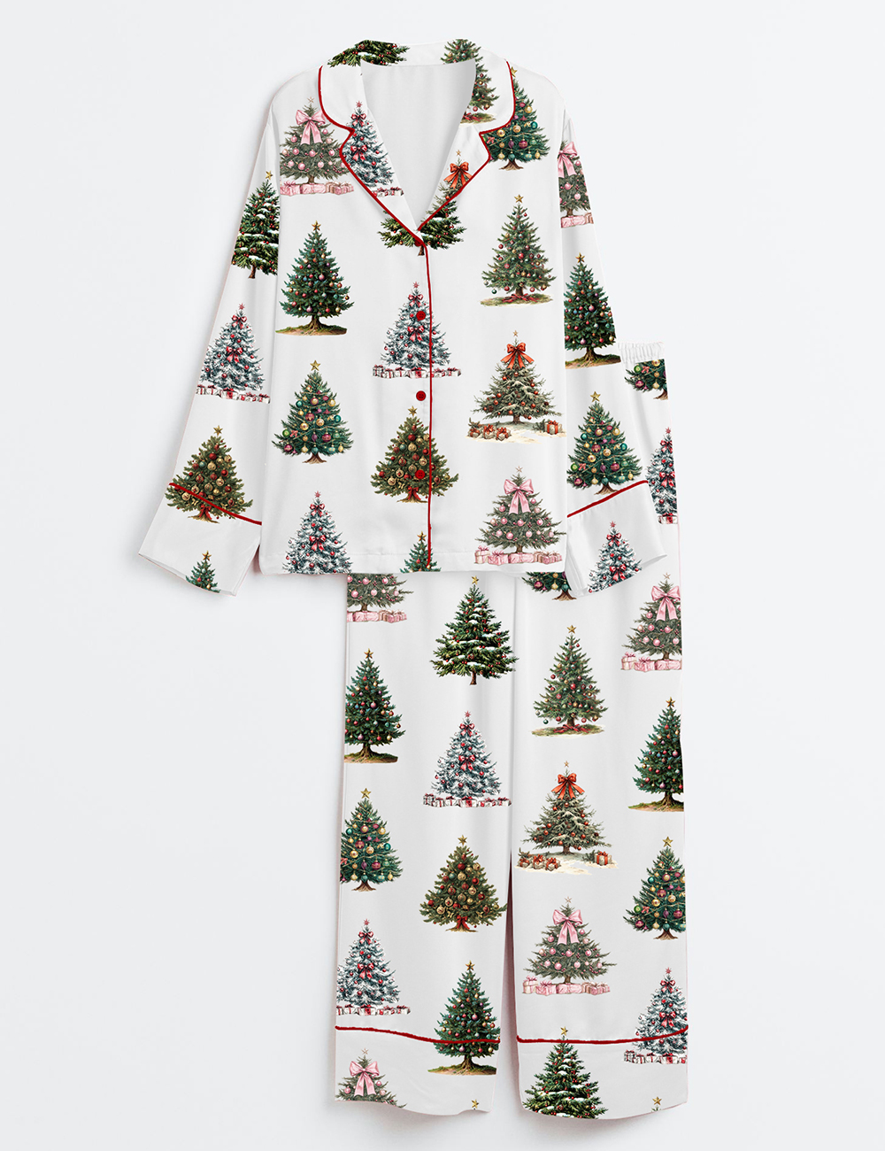 Womenâ€™s Vintage Christmas Tree Holiday Retro Xmas Long Sleeve Satin Pajama Set