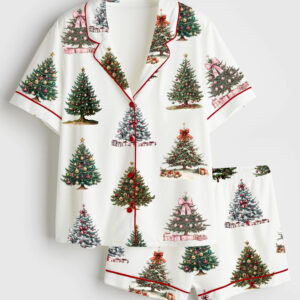 Women's Vintage Christmas Tree Holiday Retro Xmas Short Sleeve Satin Pajama Set