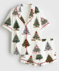 Women's Vintage Christmas Tree Holiday Retro Xmas Short Sleeve Satin Pajama Set