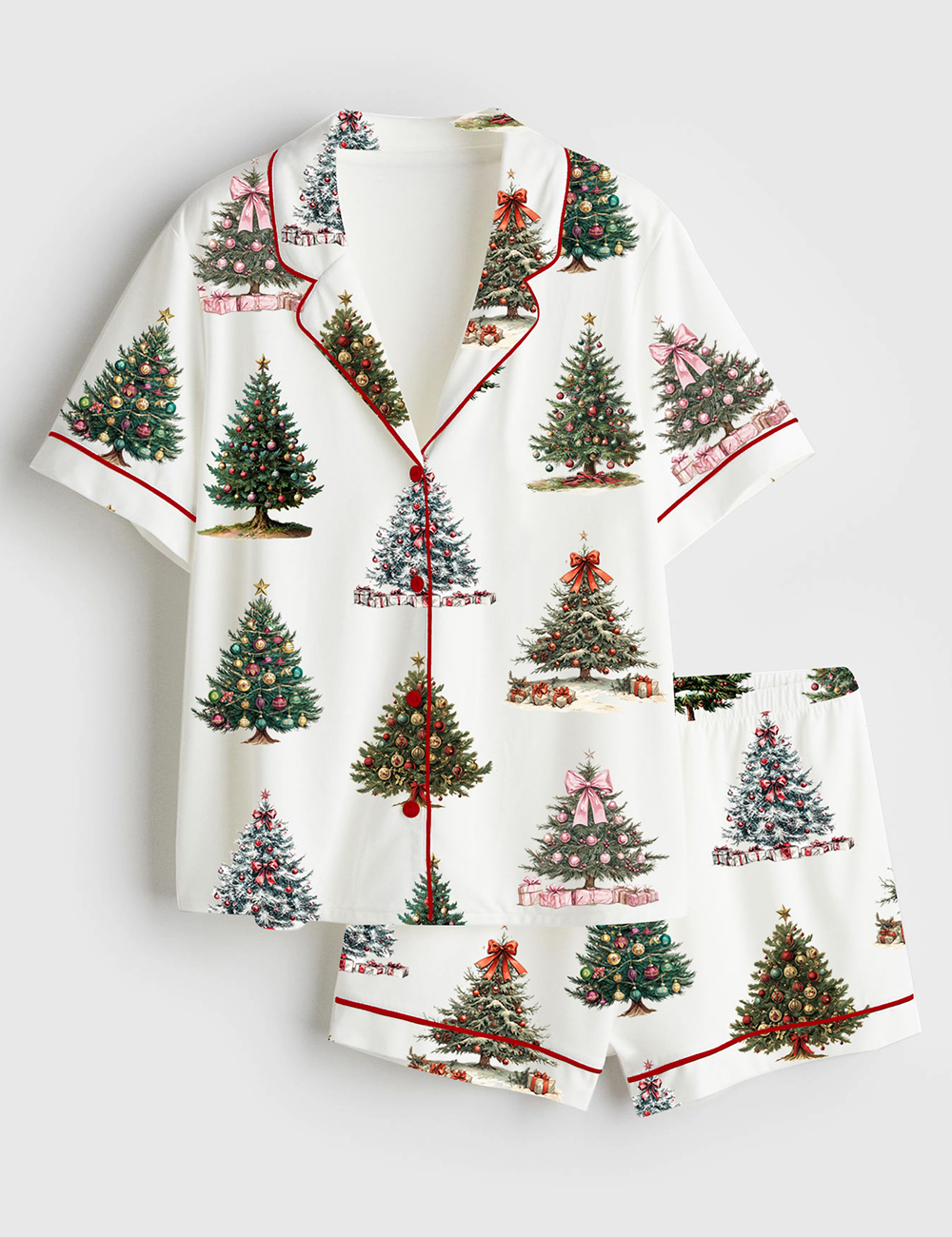 Womenâ€™s Vintage Christmas Tree Holiday Retro Xmas Short Sleeve Satin Pajama Set