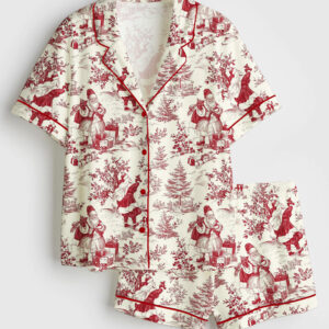 Women's Vintage Christmas Winter Holiday Snowman Gift Snowman Lovers Short Sleeve Satin Pajama Set