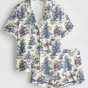 Womenâ€™s Vintage Christmas Winter Holiday Snowman Lovers Short Sleeve Satin Pajama Set