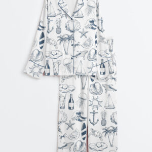 Womenâ€™s Vintage Coastal Nautical Hand Drawn Sea Life Retro Summer Beach Print Long Sleeve Satin Pajama Set