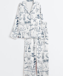 Women's Vintage Coastal Nautical Hand Drawn Sea Life Retro Summer Beach Print Long Sleeve Satin Pajamas Set