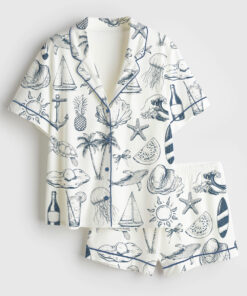 Women's Vintage Coastal Nautical Hand Drawn Sea Life Retro Summer Beach Print Short Sleeve Satin Pajama Set