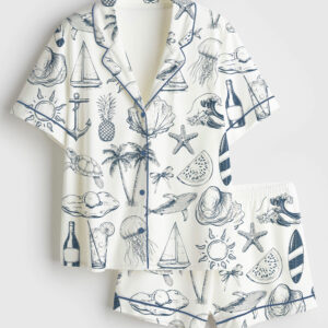 Womenâ€™s Vintage Coastal Nautical Hand Drawn Sea Life Retro Summer Beach Print Short Sleeve Satin Pajama Set